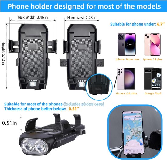 VHV - Fiets telefoonhouder met lamp - USB fiets voorlicht - LED koplamp met houder 500 lumen 3000 mAh 3 standen - voor navigatie, woon-werkverkeer en fietsen — afbeelding 2