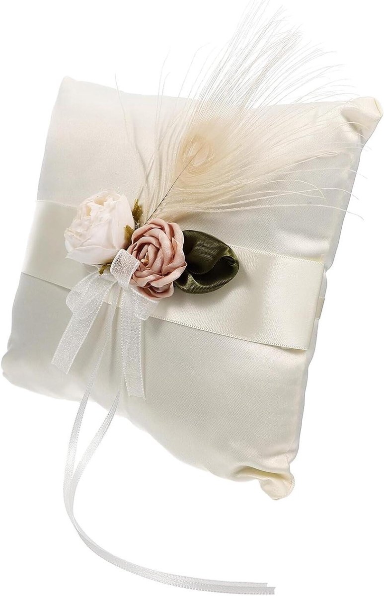 Trouwringkussen - Ringhouder Bruiloft - Bruiloft Decoratie - Satijnen Bloemenmotief - 18x18 cm - Wit