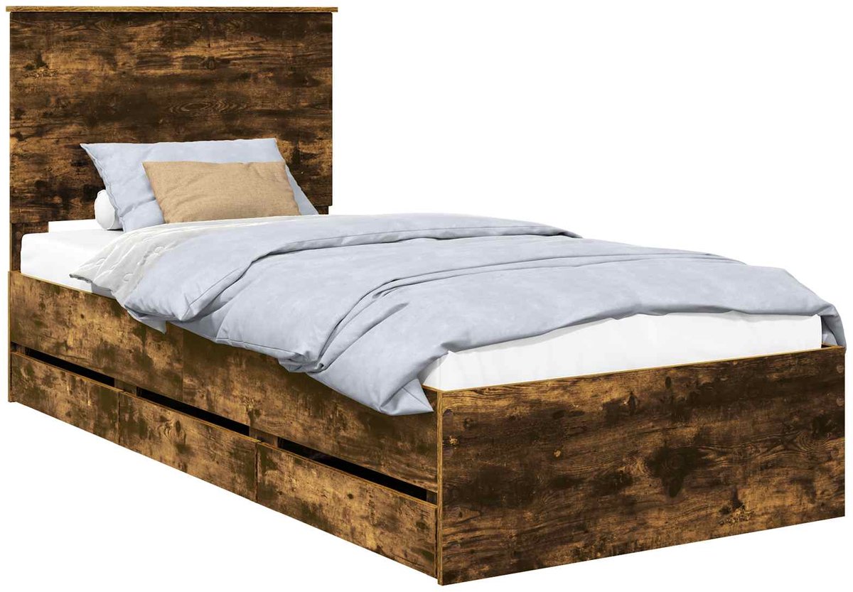 vidaXL Bedframe - met - lade - Rook - Eiken - 90 - x - 200 - cm - Ingenieurshout Gerookt eiken