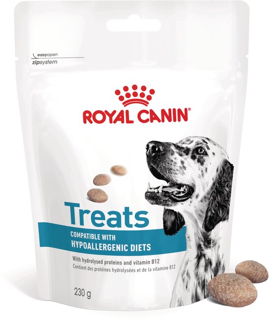 White pouch with ROYAL CANIN logo, dog, treats. Text includes "compatible with hypoallergenic diets."