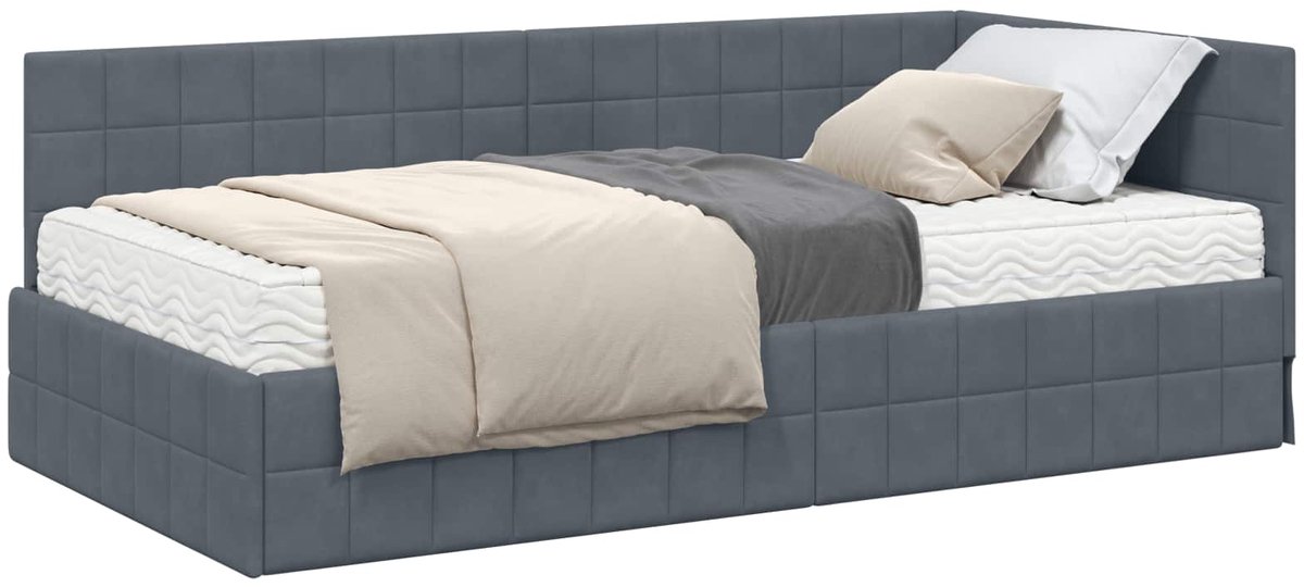 vidaXL Hoekbedframe - met - Matras - 2 - st - Donkergrijs - 90 - x - 200 - cm - Fluweel