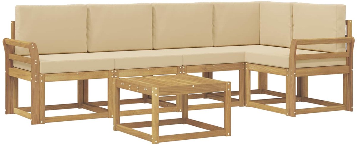 vidaXL Buiten - bank - set - 6 - st - 5-zits - Wit - en - Beige - Massief - Acacia - Hout Wit en Beige