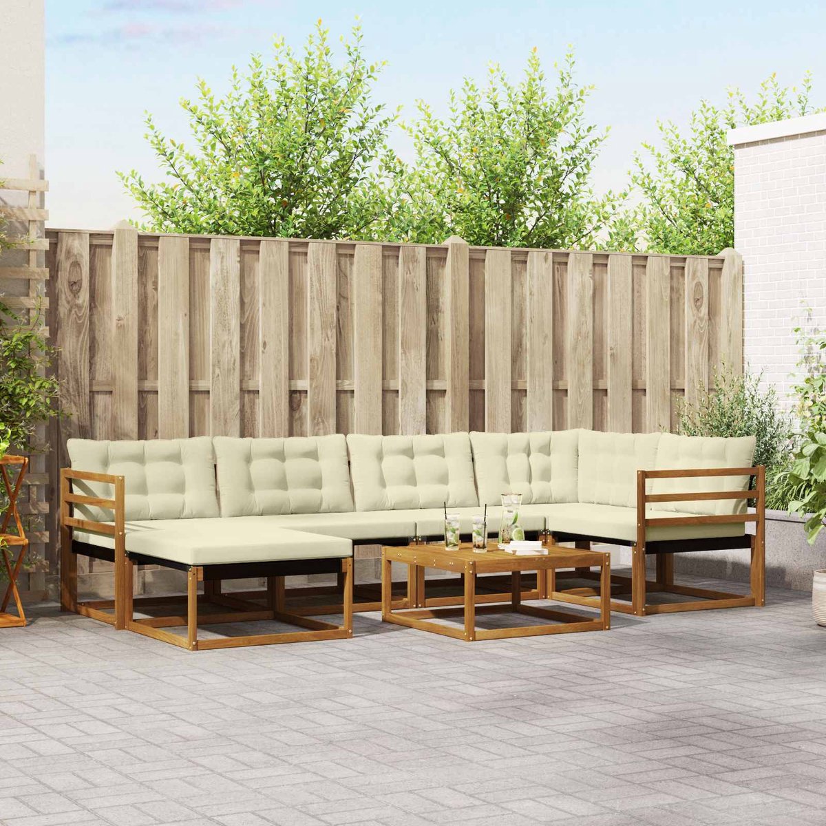 vidaXL Buiten - bank - set - 7 - st - Natuurlijk - en - Crème - Massief - Acacia - Hout Natuurlijk en Crème