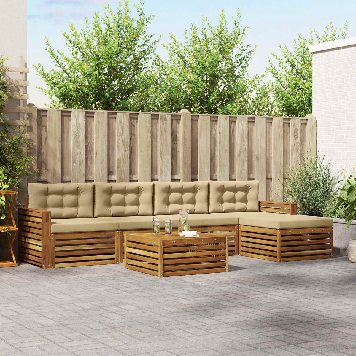 vidaXL Buiten - bank - set - 6 - st - 5-zits - Natuurlijk - en - Beige Natuurlijk en Beige