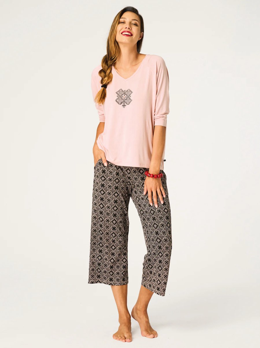 Key Viscose Dames Pyjama Lange Mouw Zomer Print Perzik Bruin LNS 731 36 /