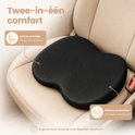 Zwart ergonomisch autostoelkussen, dun aan de voorkant, dikker aan de achterkant voor steun.