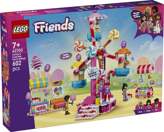 LEGO Friends 42700 Candy & Cupcake Reuzenrad: Doos met de speelset, inclusief poppetjes Nova, Liann en Zac.