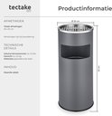 Technische informatie van een grijze staande asbak met afmetingen (Ø 25 x 61 cm) en materiaalinformatie.