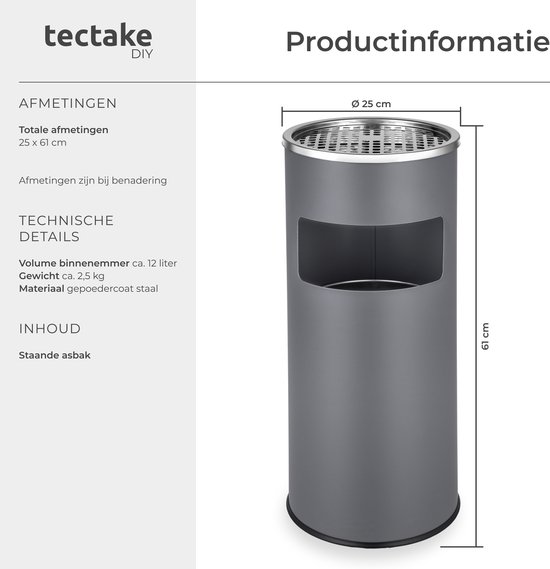 Technische informatie van een grijze staande asbak met afmetingen (Ø 25 x 61 cm) en materiaalinformatie.