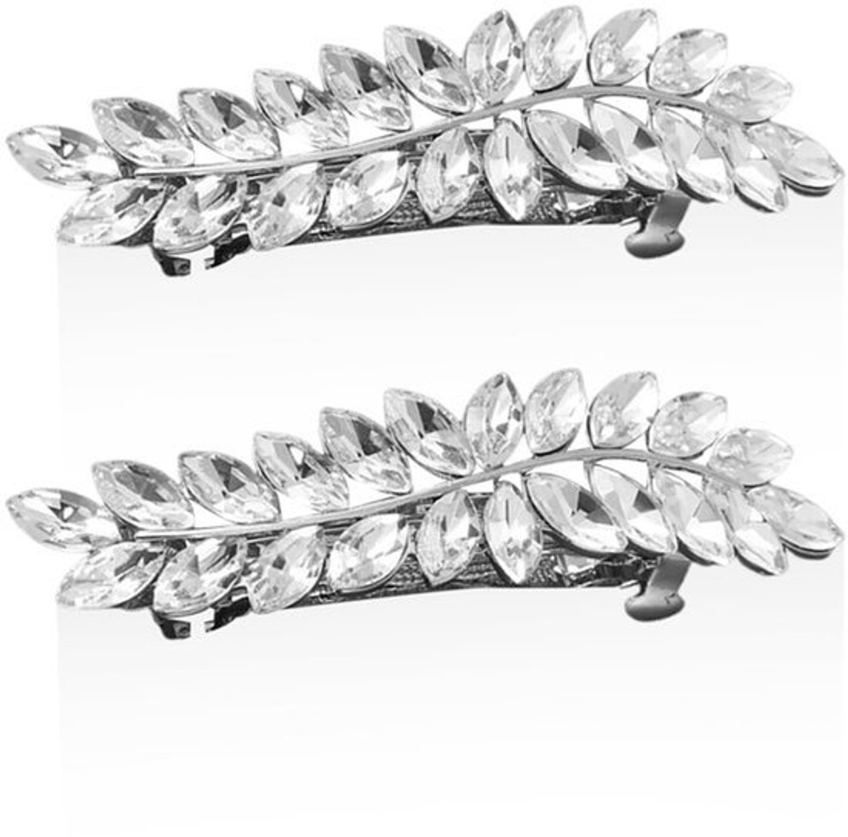 2 Stuks Haarspeld - Bladvorm Haarclips met Strass Steentjes - Zilver, 7.5 x 2 cm