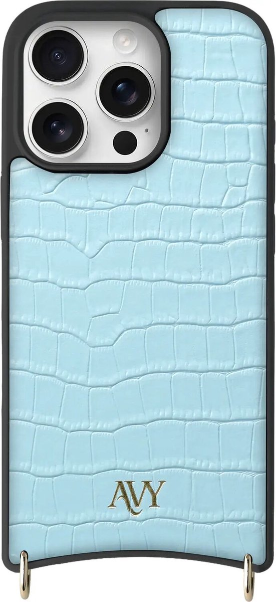 AVY Leren Hoesje geschikt voor Apple iPhone 16 Pro Max | Compatibel met MagSafe | Leather Case | Back Cover | Haakjes voor koord | Croco Blauw