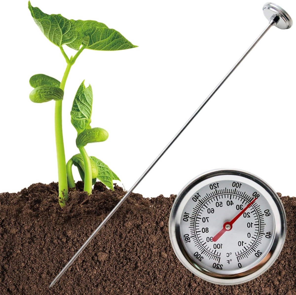 Compost Thermometer - Bodemthermometer Grondtemperatuur - Bodem Gezondheid - Lange Roestvrijstalen Steel - 50 cm Steel - Zilver