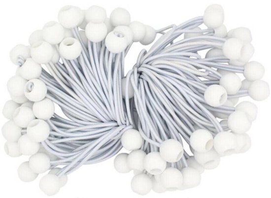 Spanelastiek - 100 Stuks - Elastiek koord - Tentspanner - Met Bal - Spanrubbers - Tentelastiek - Elastiek Trampoline - Bungee Ballen met Koorden - Wit - Geschikt voor kamperen