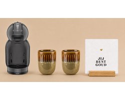 KRUPS NESCAFÉ Dolce Gusto MiniMe KP120810 - Koffiecupmachine - Antraciet / zwart + 2 bruin-beige mokken zonder oor + witte tegel "Jij bent goud" + tegelhouder