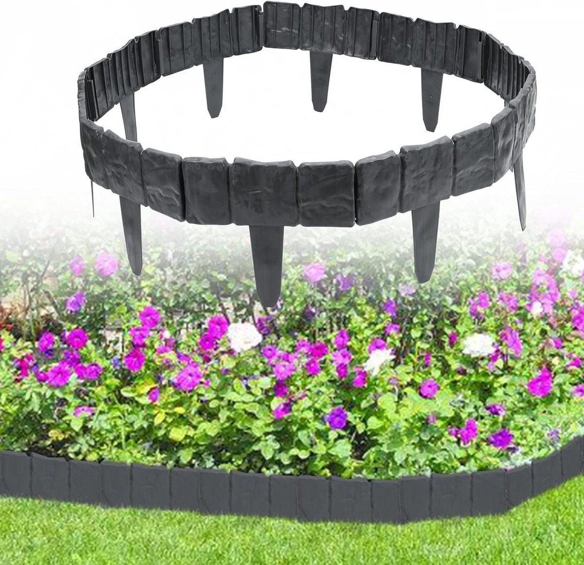 Gazonrand Kunststof - Bloembedrand Palissade - Tuin Decoratie - Steenlook Design - 1715 m 70 stuks - Antraciet