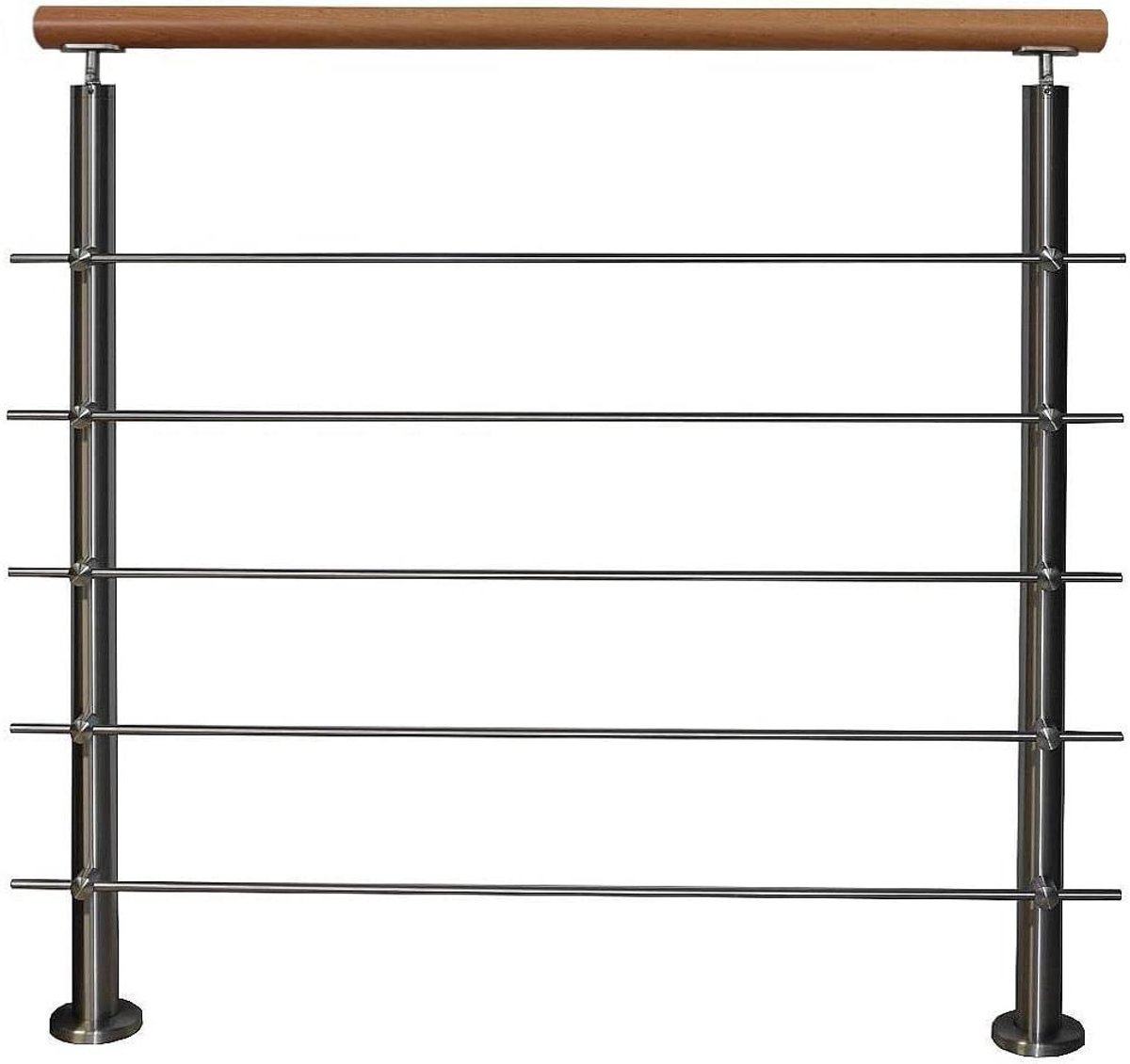 Metalen trapleuning - Houten handgreep - Veilige trap - Met 5 steunen - 1.80 meter - Zilverkleurig