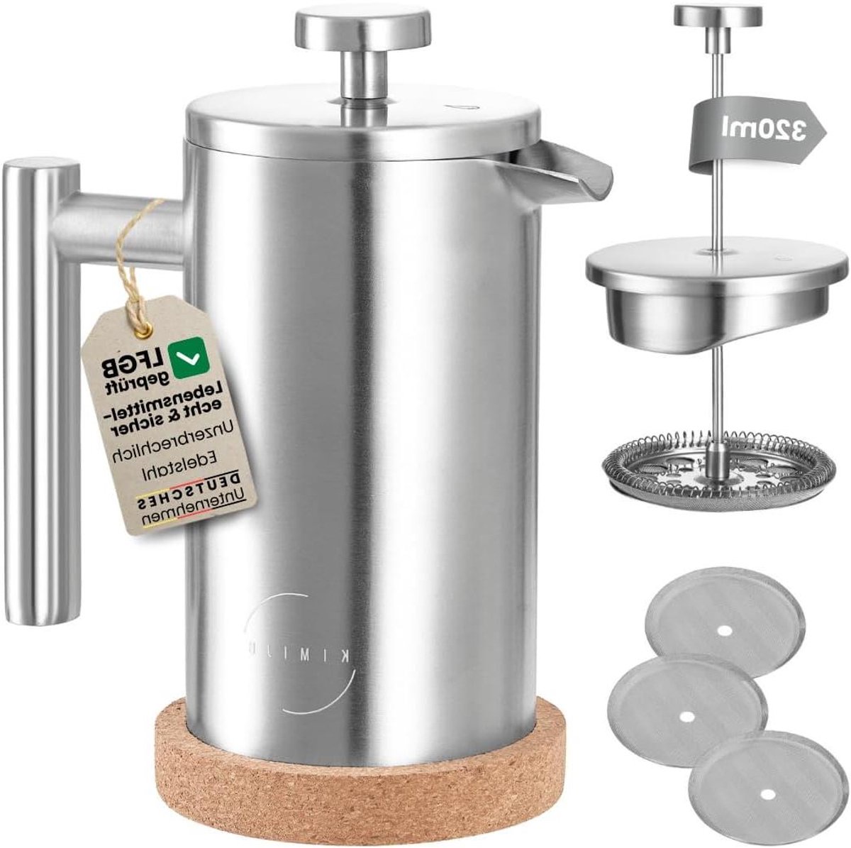 Koffiezetapparaat - French Press - Verse Koffie - Dubbelwandig Geïsoleerd - 320 ml - Zilver
