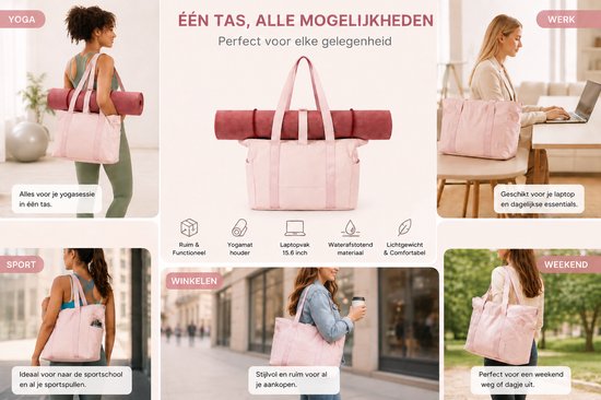 Yogatas Dames met Yogamat Houder - Sporttas & Schoudertas - Laptopvak 15,6 Inch - Waterafstotend Nylon - Roze - 39 x 31 x 15,5 cm - 18 Liter — afbeelding 2