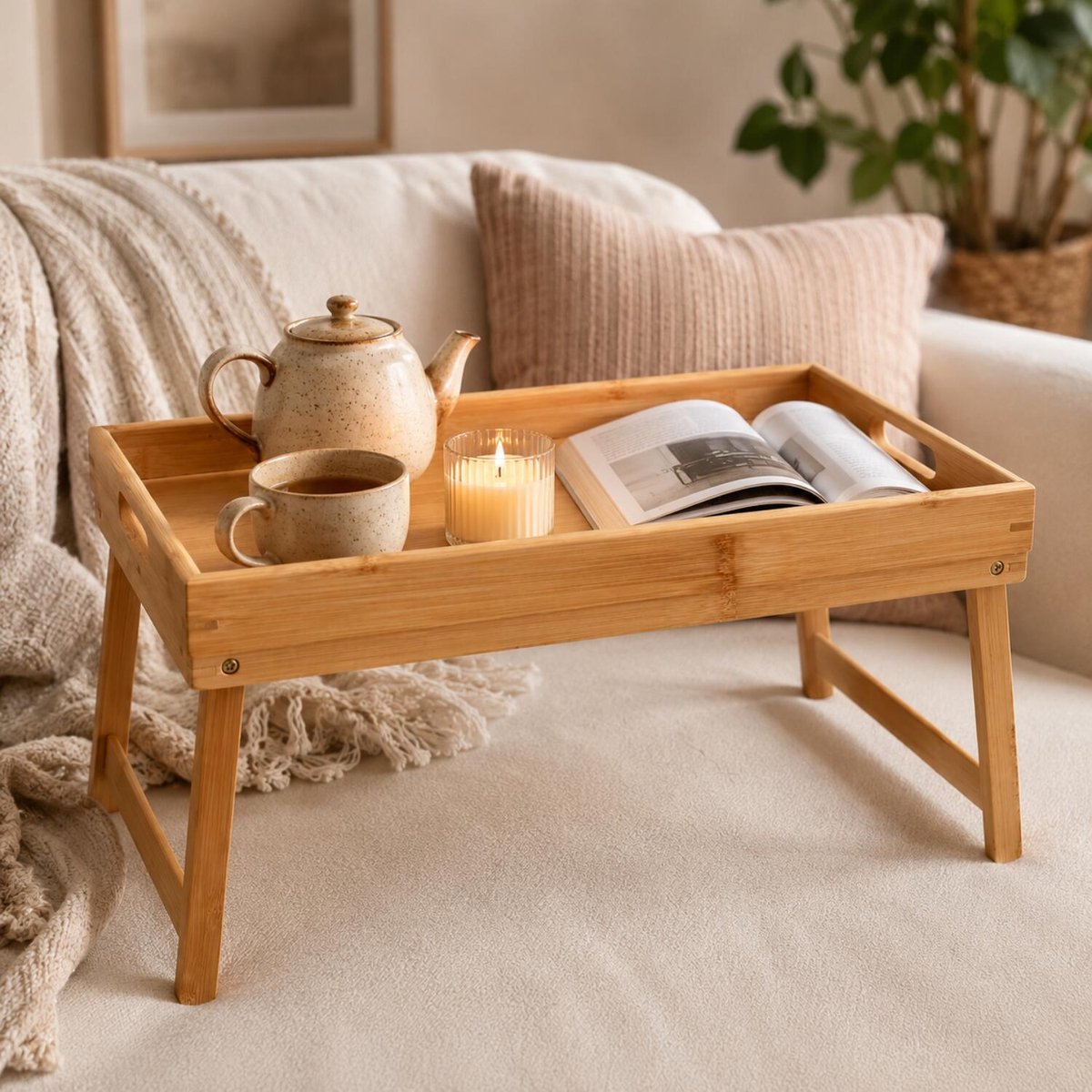 Gerimport Dienblad / serveer butler tray - op pootjes - inklapbaar - bamboe hout - bruin - 47 x 27 x 22 cm - rechthoekig — cadeau in Koken & Dineren - foto 4