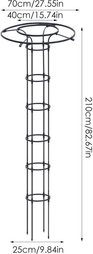 Afmetingen van een zwart metalen klimrek: 210cm hoog, 70cm breed bovenaan, 40cm breed in het midden, 25cm breed onderaan.