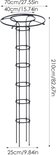 Afmetingen van een zwart metalen klimrek: 210cm hoog, 70cm breed bovenaan, 40cm breed in het midden, 25cm breed onderaan.