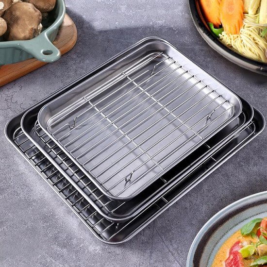 Dikke RVS Bakplaat met Rooster, RVS Grillpan voor Brood, Gebak, Braden en Uitlekken van Ingrediënten of Keukengerei (met rek) — afbeelding 3