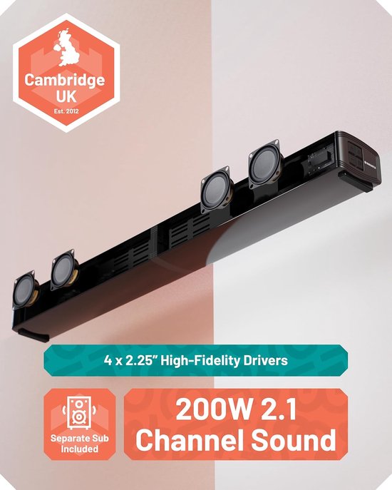 Oakcastle SB80 Xtra Bluetooth Split Soundbar - Afneembare Luidsprekers - Subwoofer - HMDI ARC - EQ-modi — afbeelding 5