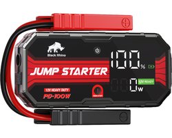 Black Rhino Jumpstarter 5000A – 12V Startbooster Auto en Camper – Accubooster 24000mAh – Tot 12L Benzine / 7L Diesel – Met LED-scherm & Powerbank (100W)– Incl. Zaklamp & Opbergkoffer