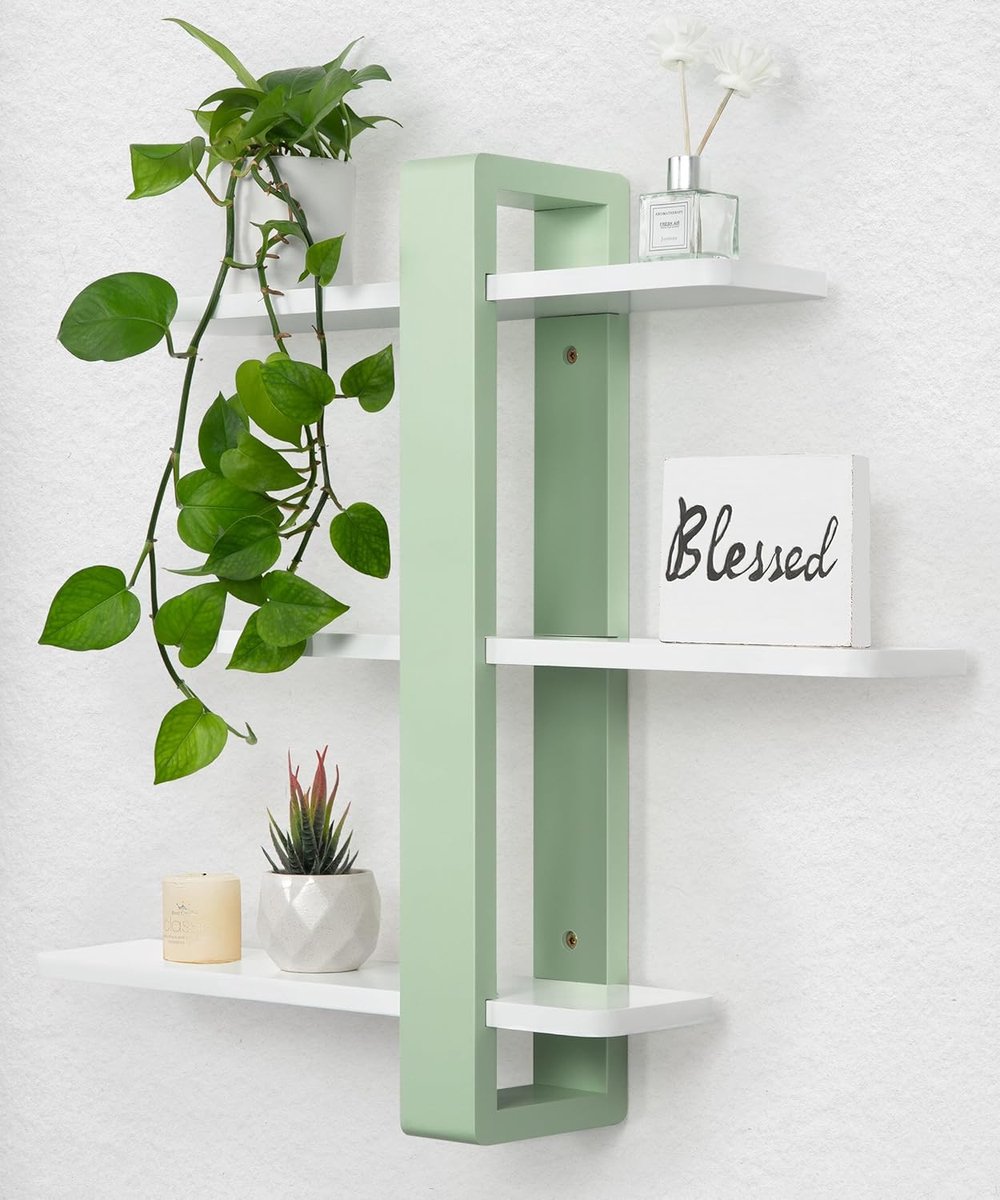 HOMESY Zwevende planken voor wandgemonteerde plank eenheid wit groen alle dennenhout 50 cm 3 niveaus groot rek voor slaapkamer woonkamer kantoor badkamer woondecoratie opslag plant foto display Mintgroen en wit