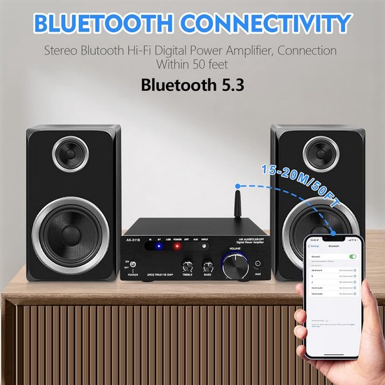 HiFi Versterker - Stereo Audio - Muziek Streamen - Bluetooth 5.0 - 2x 100W - Zilver — afbeelding 5