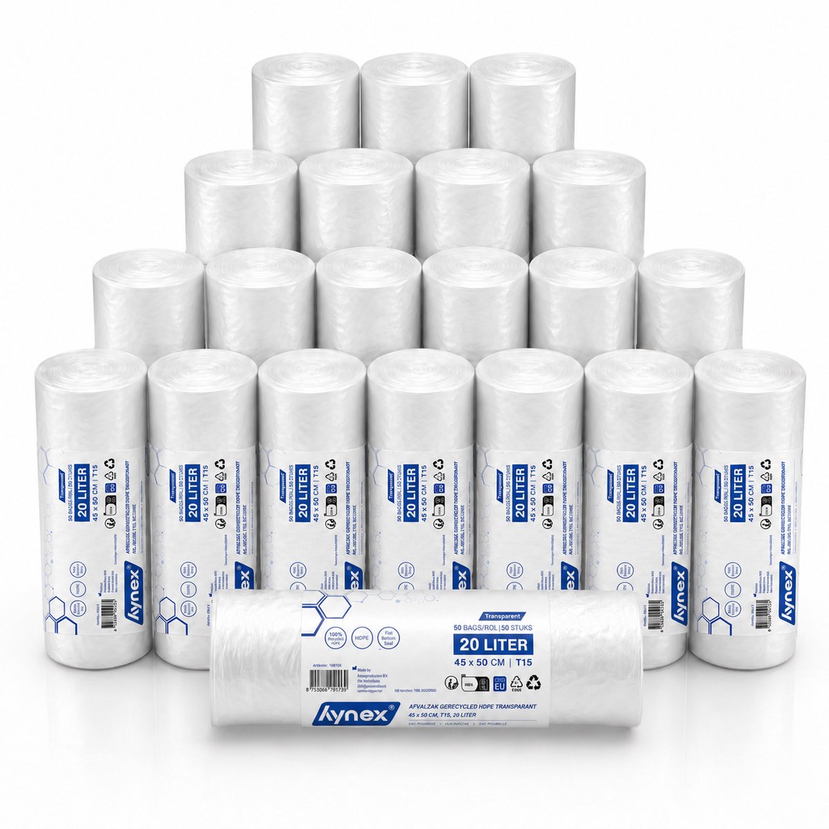 Hynex Afvalzak Transparant T15 45x50 cm 20 Liter HDPE 20 Rollen x50 Stuks ( Totaal 1000 Stuks )