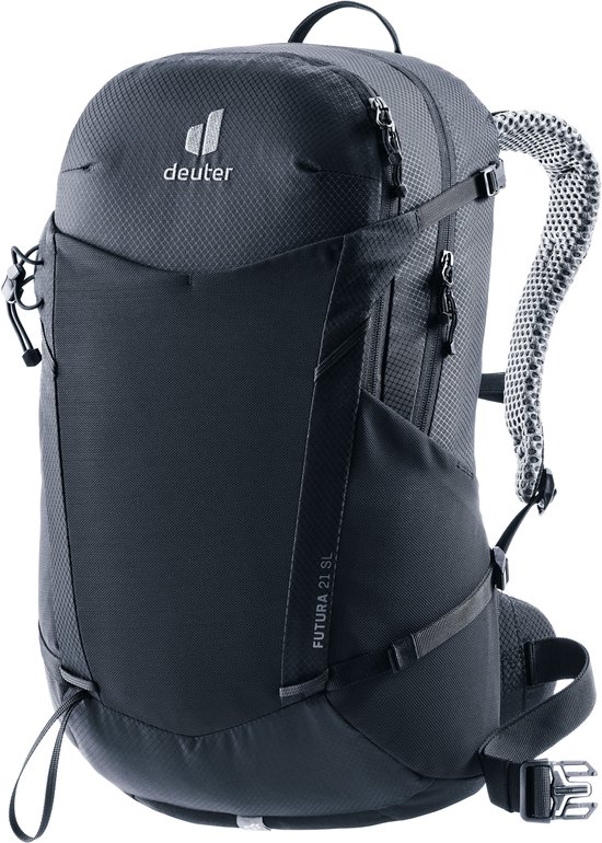 Donkergrijze Deuter Futura 21 SL rugzak met gestructureerd weefsel, gaas op de schouderbanden en verstelbare banden.