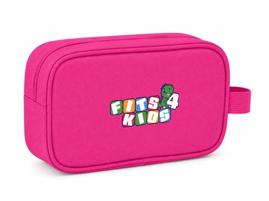 Fuchsia etui met 'FITS4 KIDS' logo, inclusief een cartoon dinosaurus.