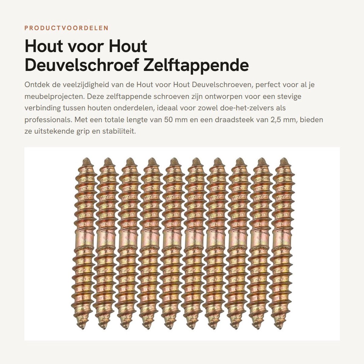 Dailygoods- Schroeven 10 Stuks - Hout voor Hout Deuvelschroef - M6 Diameter - Totale Lengte 50 mm - Bronskleur - Metaal Materiaal
