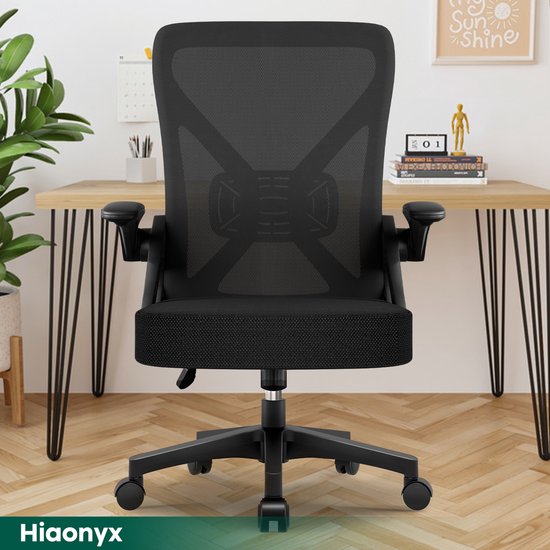 Hiaonyx Bureaustoel-Ergonomische bureaustoel-bureaustoelen voor volwassenen-Opklapbare armleuningen-Lendensteun-Verdikt en verbreed zitkussen-Zwart