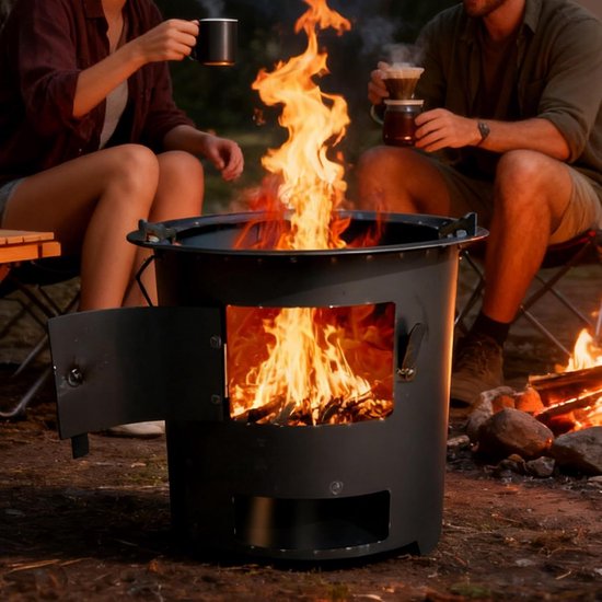 Hout Kooktoestel - Outdoor Stove - Kamperen en Reizen - Afneembaar Handgreep - 27x27x28 cm - Zwart — afbeelding 4