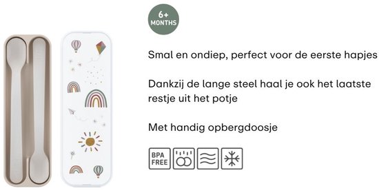 Twee lange lepels in een smal, ondiep opbergdoosje. BPA-vrij, geschikt voor magnetron, vaatwasser en diepvries.