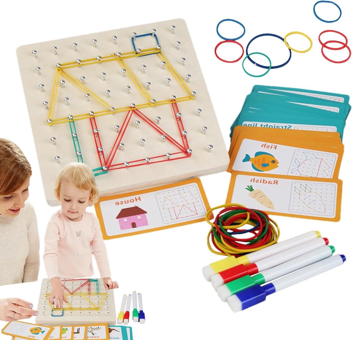 Houten Geoboard - Puzzelbord Leerspel - Ontwikkelen van Vaardigheden - Glad Houten Design - 20.7 x 18.9 x 0.1 cm