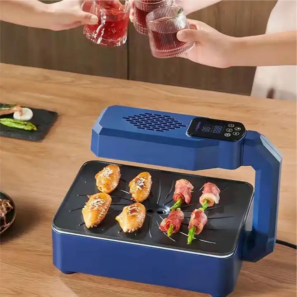 TEKROA® Rookloze Elektrische Grill - Grillplaat - 80-280℃ Temperatuurregeling -Verwijderbare Anti-aanbakplaat - Snelle Opwarming - Timerfunctie 1-80 Min - Geschikt voor Vaatwasser - blauw