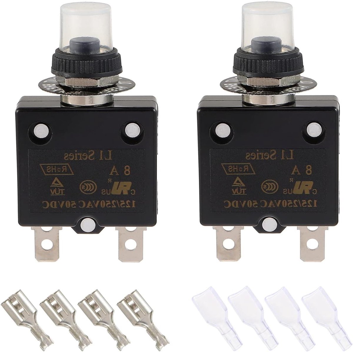 8 A handmatige reset drukschakelaar stroomonderbreker 125/250 V AC 50 V DC thermische overbelastingsbeveiliging met snelaansluitklemmen en waterdichte keycaps (verpakking van 2 stuks)