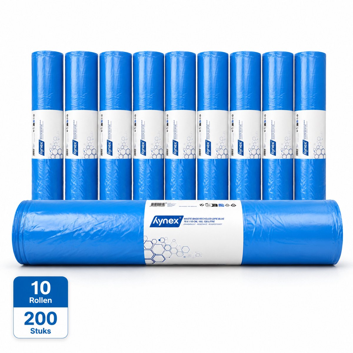 Hynex Afvalzakken 120L Blauw – 200 Stuks – 70x110 cm – T60 – Gerecycled LDPE Vuilniszakken – 10 Rollen x 20 Stuks