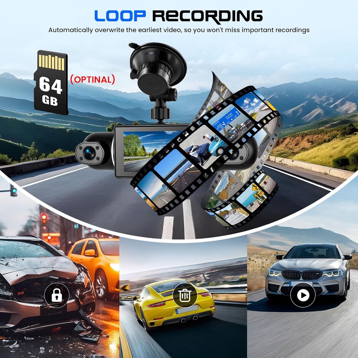 Mini Dashcam - Auto Camera - Rit Opnemen - 4 Lens 1080P - 3 Inch Scherm - Zwart – foto 4