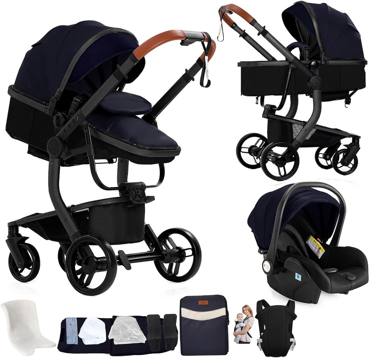 Magic ZC PU Leather Trio Stroller, 3 in 1 Pushchair with Double Reversible Push Mode, Trio Pram for Newborns with Large Travel Cot, Foldable Aluminum Stroller (L518 Black Blue)