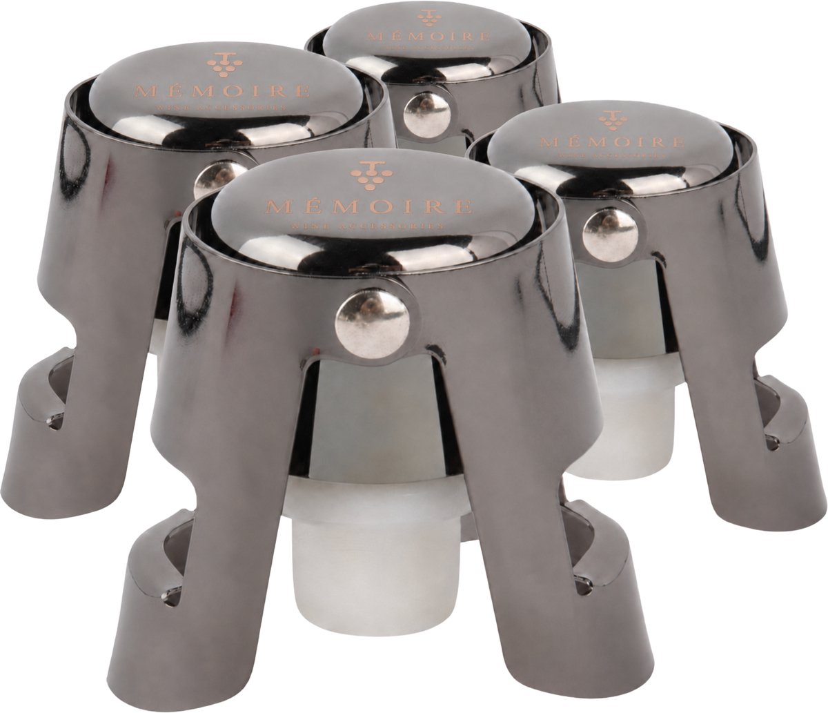 Mémoire® Spuma Eleganza 4 pack - Luxe Champagnestoppers voor mousserende wijnen - RVS Champagnestoppers - 4 Luxe Champagnestoppers van hoogwaardig RVS