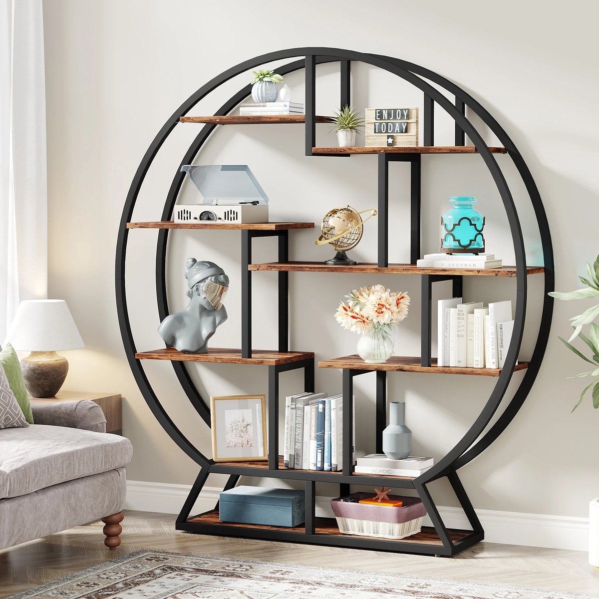 Questyr boekenplank - ronde boekenplanken Etagere boekenkast - 63 inch industriële houten boekenplank met gespreide planken zwart / donker bruin