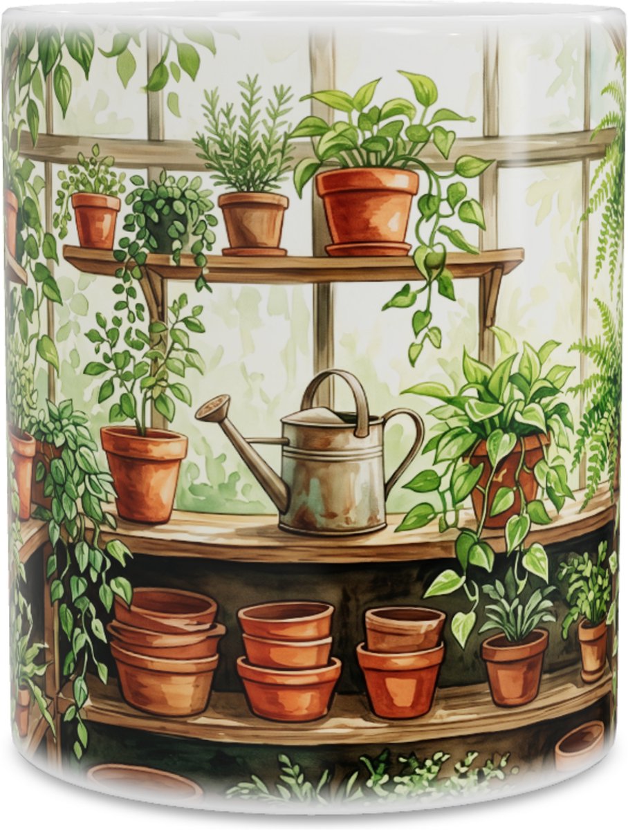 Mok - Gezellige Plantenkas met Terracotta Potten en Gieter - Botanische Illustratie voor Plantenliefhebbers - Groene Koffiemok