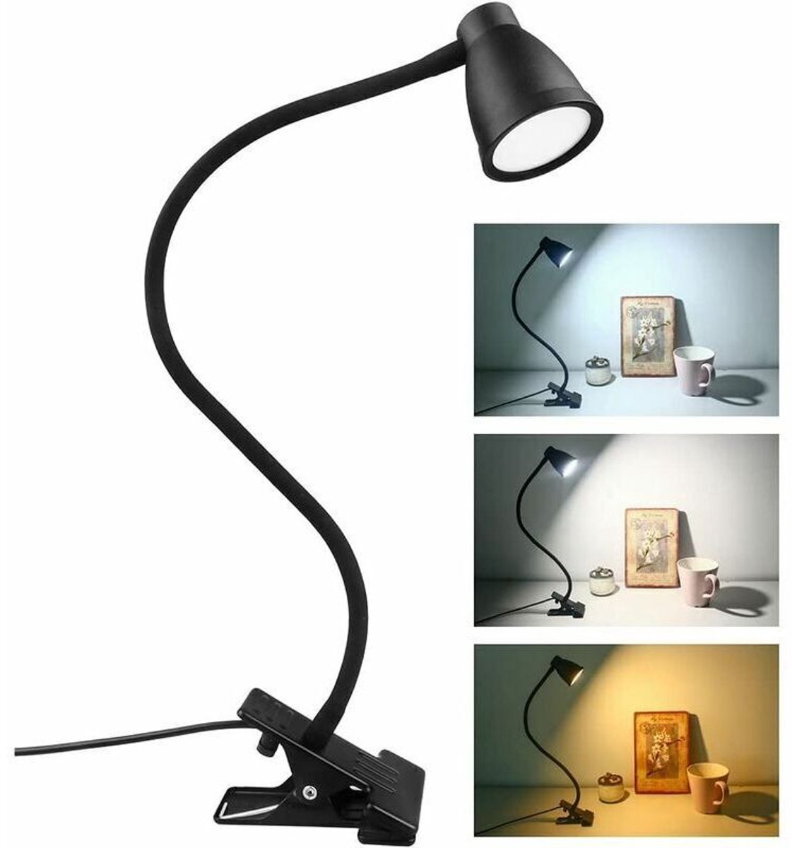 LED-klemlampgeschikt voor op het bureau geschikt voor 3 instelbare helderheids- en kleurstanden, USB-klemlampgeschikt voor naast het bed, 360° flexibele, oogvriendelijke leeslamp, geschikt voor studeren en werken.