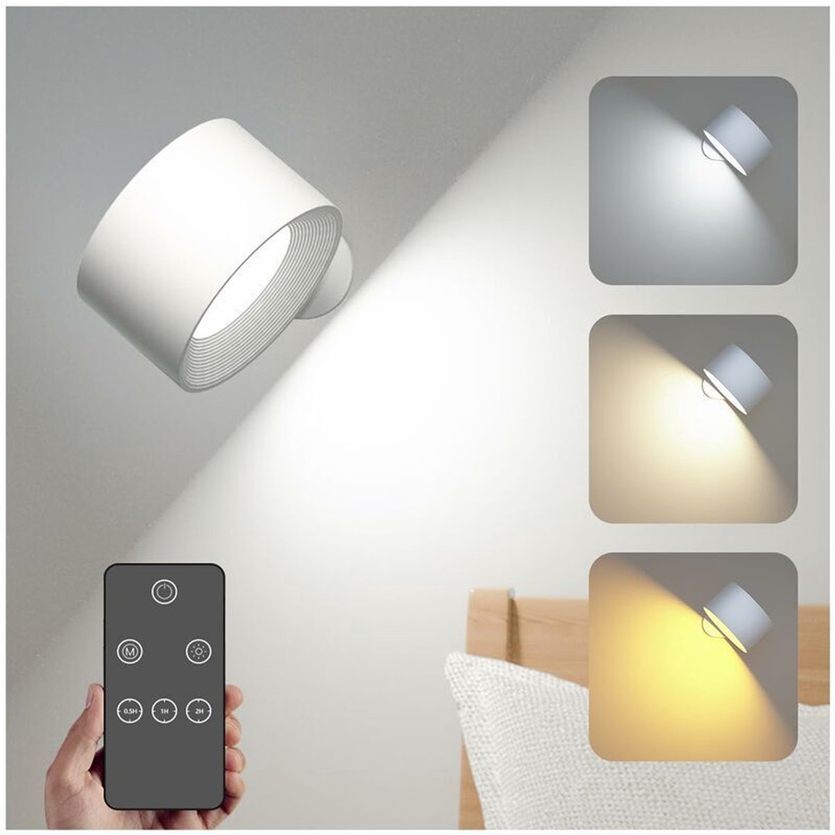 Binnenwandlamp/spot, bediening via afstandsbediening en touchscreen, 3 helderheidsniveaus, 3 kleurmodi, draadloos, oplaadbare batterij geschikt voor hoge capaciteit.