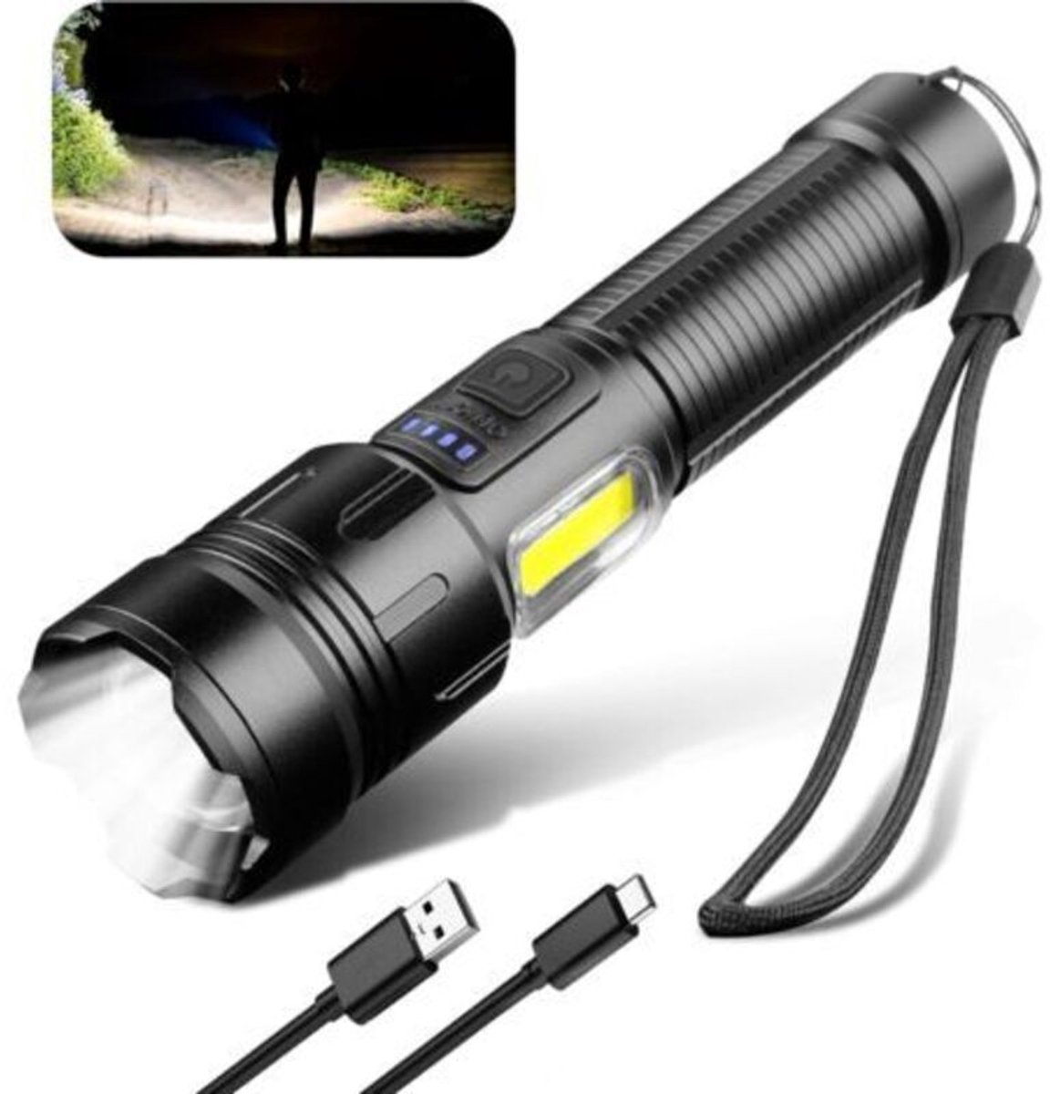 1000-1200 lumen superheldere COB LED-zaklamp - USB oplaadbaar - 3 standen - Draagbaar - Waterdicht - geschikt voor gebruik buitenshuis