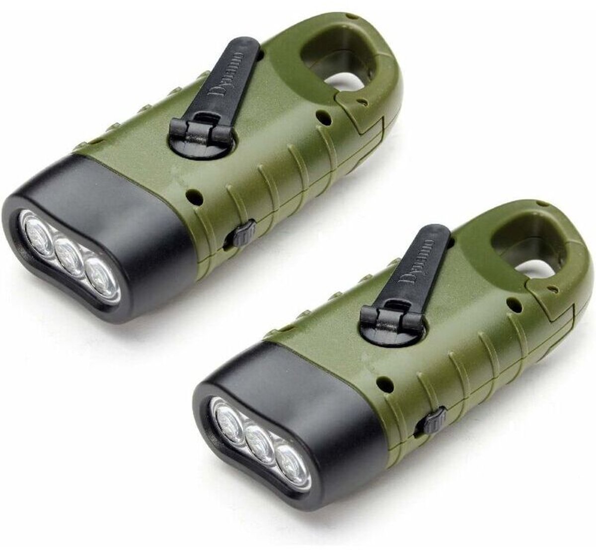 Oplaadbare zaklampen op zonne-energie (2 stuks), LED-noodzaklampen geschikt voor handslinger en karabijnhaak, geschikt voor wandelen, kamperen en bergbeklimmen (militair groen).